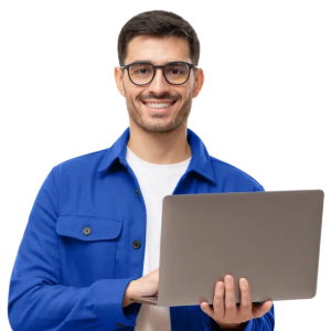 Smiling person in a blue jacket holding a laptop against a white background