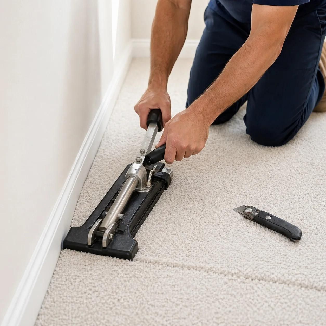 Person using a vacuum cleaner on carpet beside a white wall, with a utility knife nearby