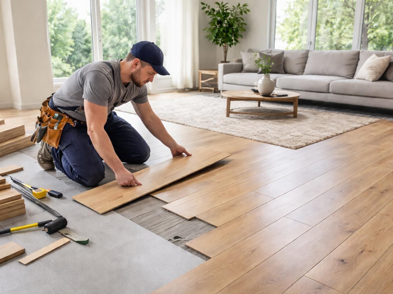 Worker installing wood flooring in a bright living room with tools nearby