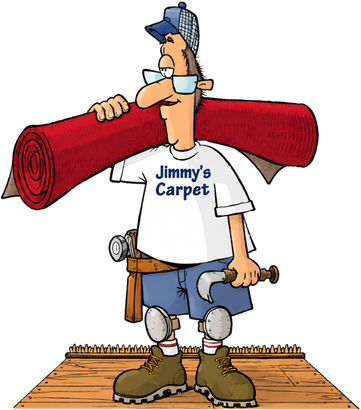 Cartoon carpet installer holding a red rolled rug over his shoulder, wearing a “Jimmy’s Carpet” shirt.