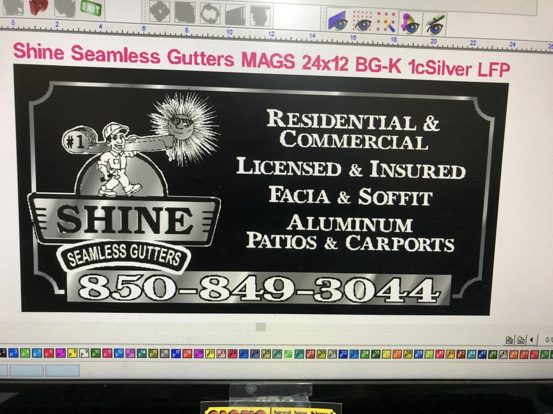 A computer screen displays a sign for shine seamless gutters