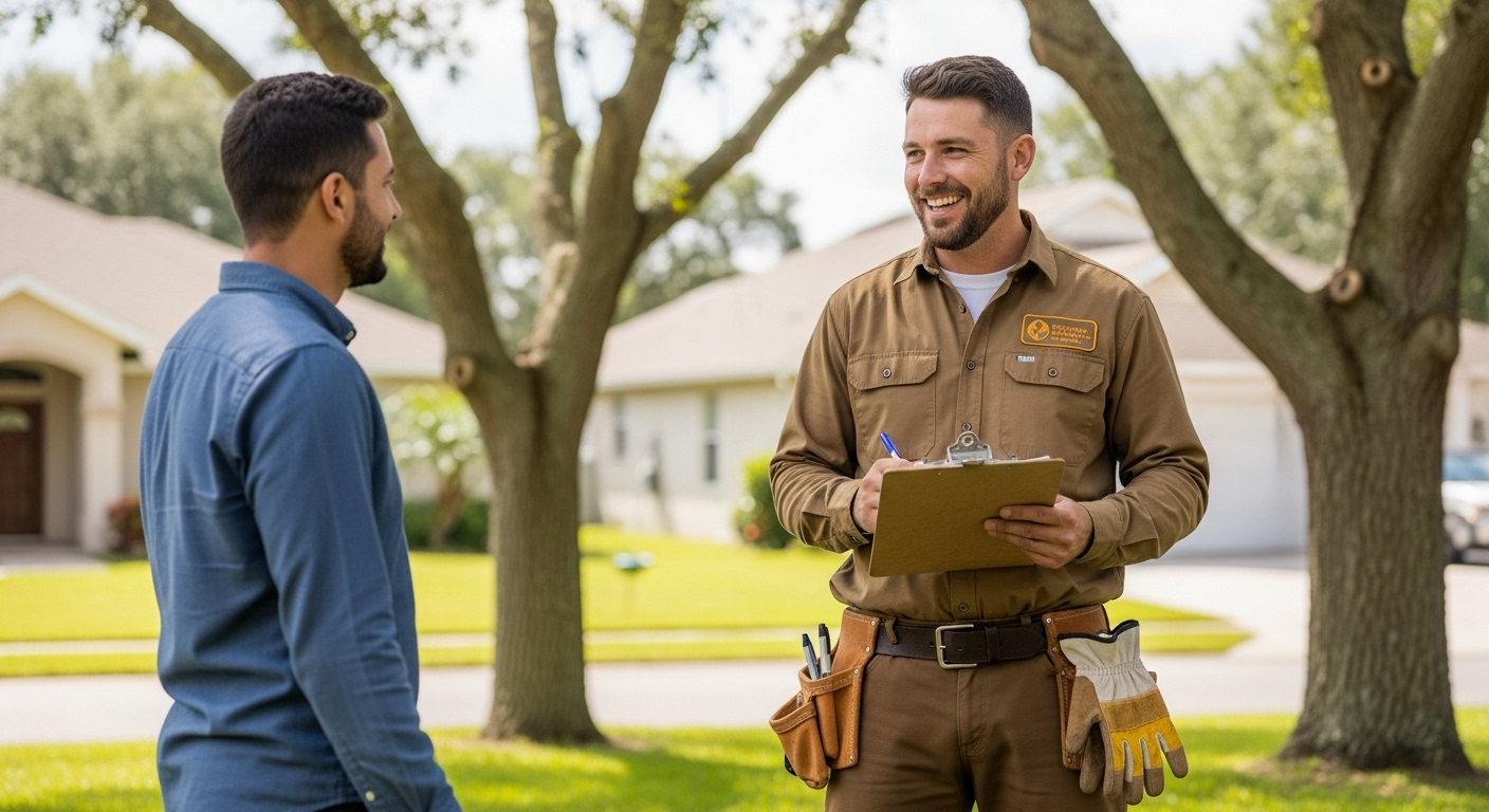 A professional in a brown uniform with a clipboard talks to a client outdoors in a residential neighborhood.