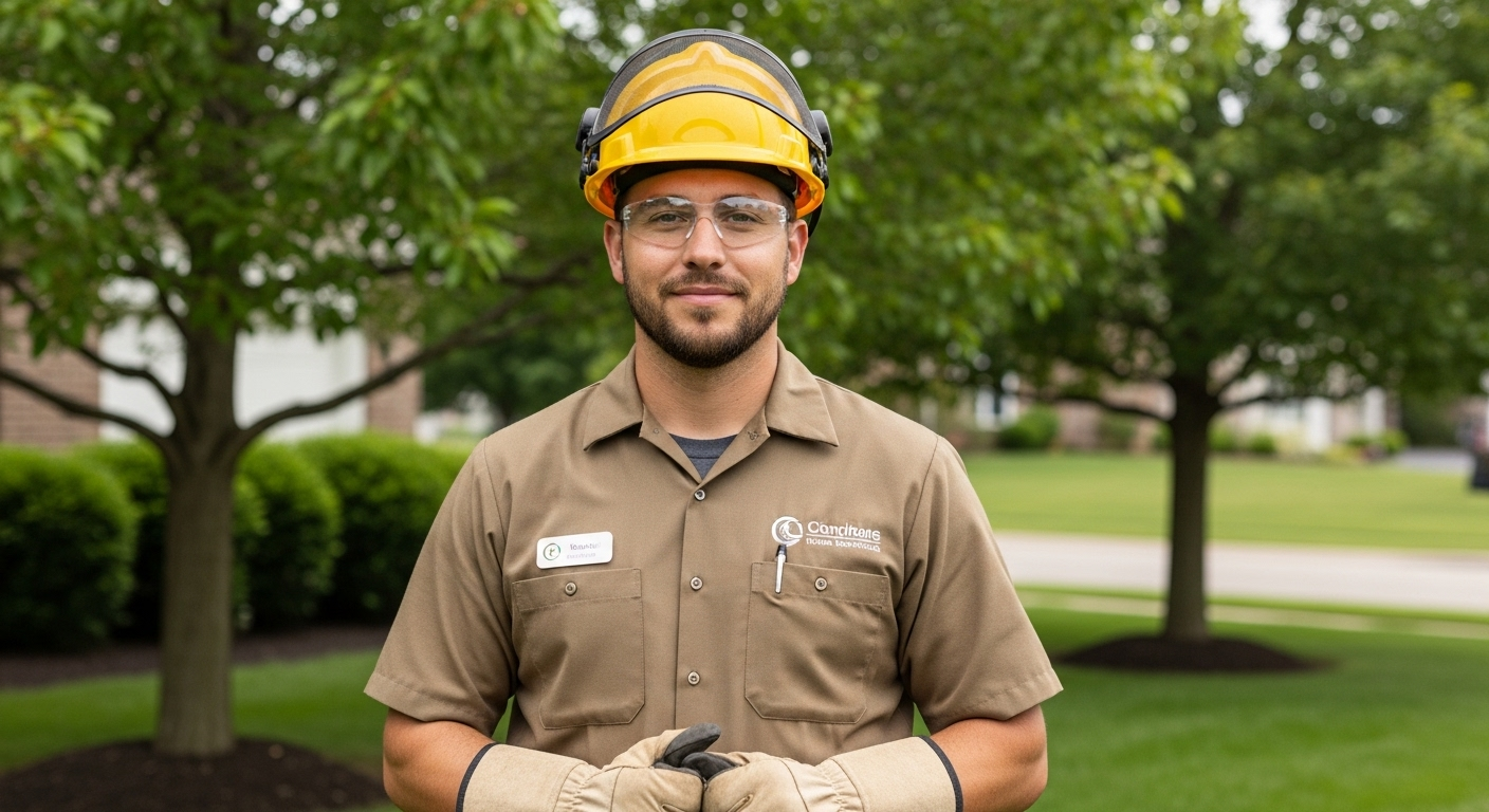 A worker in a brown uniform, hard hat, and safety glasses stands outside in a suburban setting.