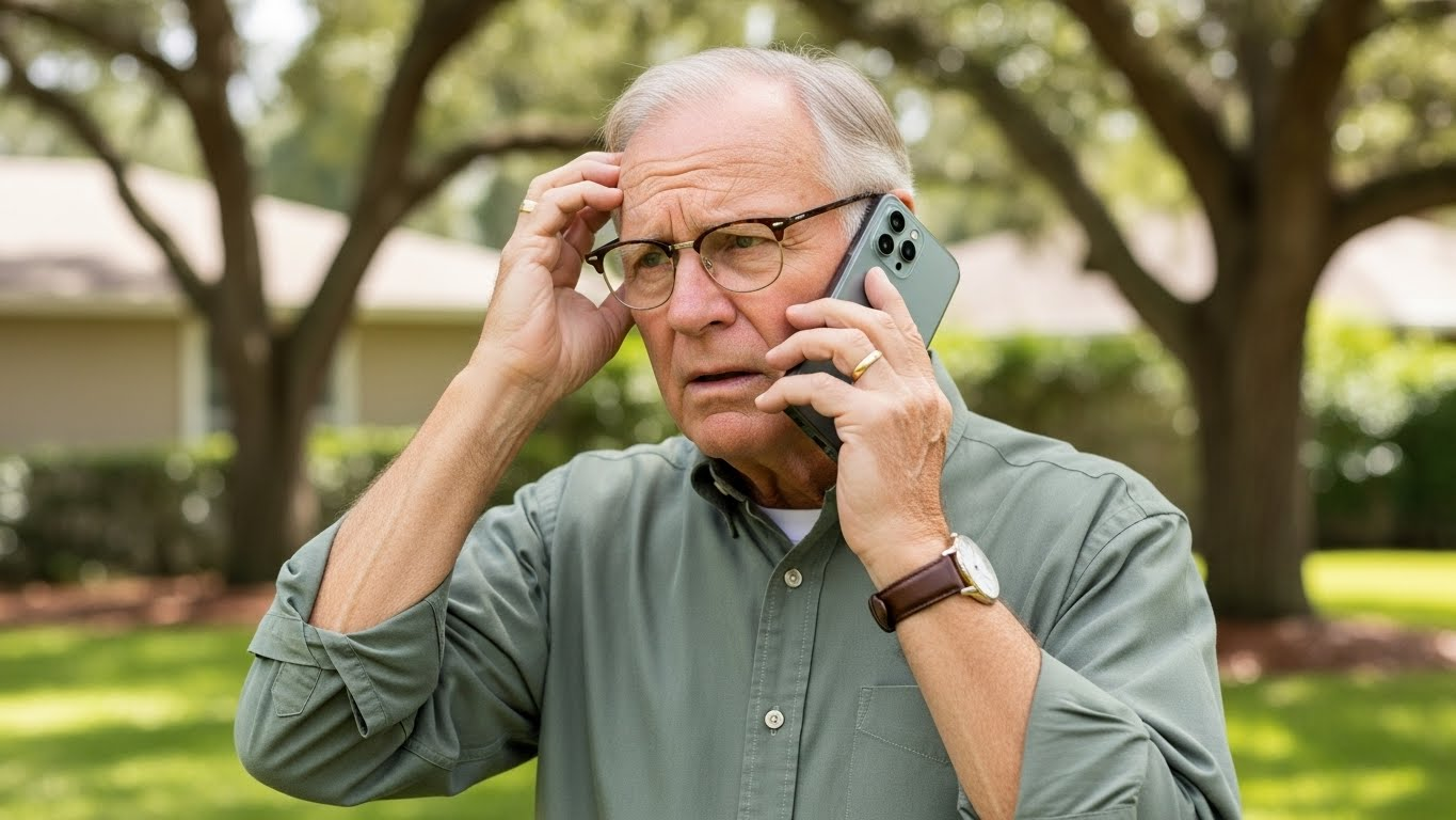 A person in a green shirt talks on a cell phone outdoors, hand raised to their head, appearing concerned.