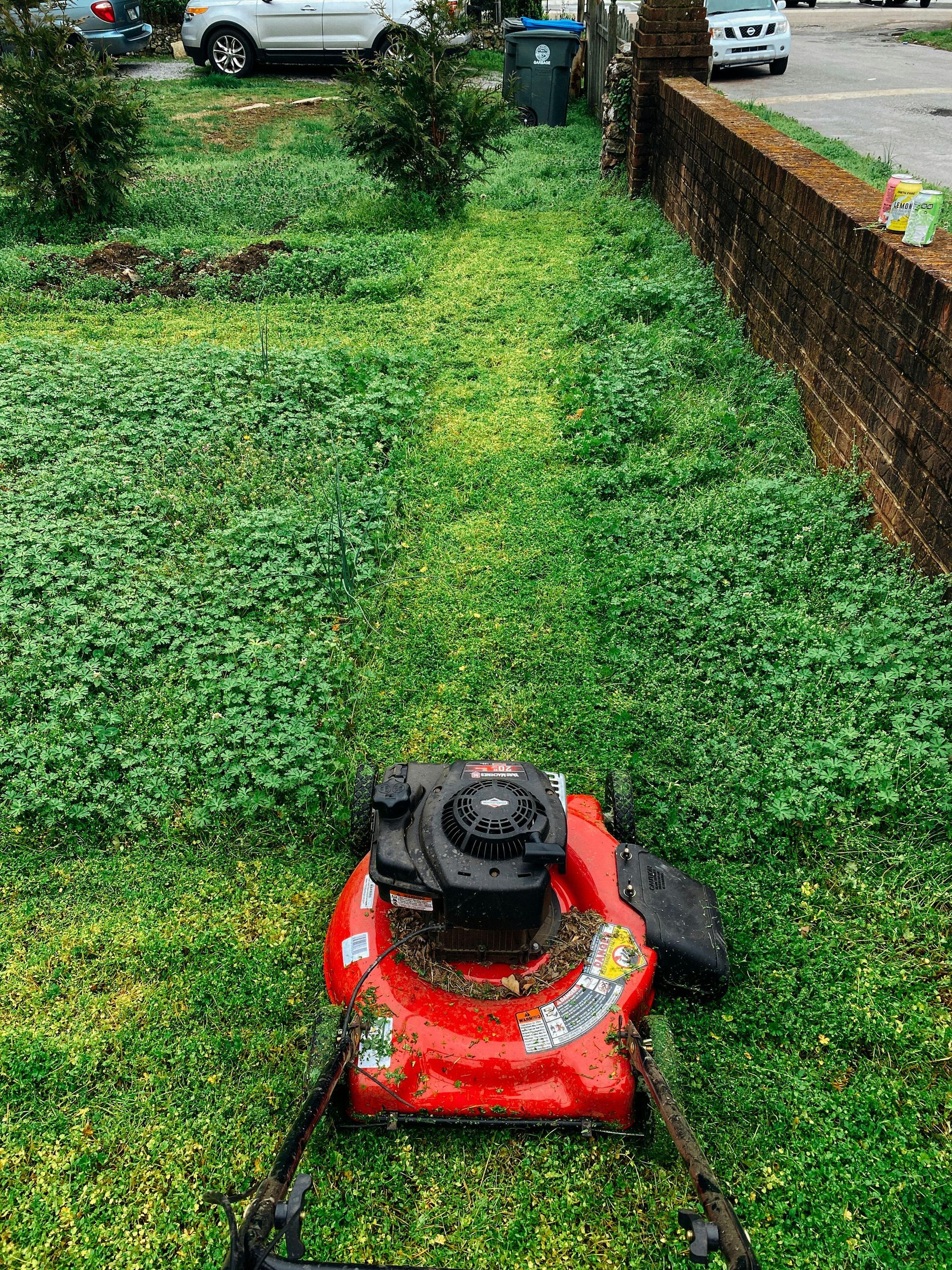 A bright red lawnmower sits in a yard covered in green weeds, with a brick wall on the right and parked cars in the back.