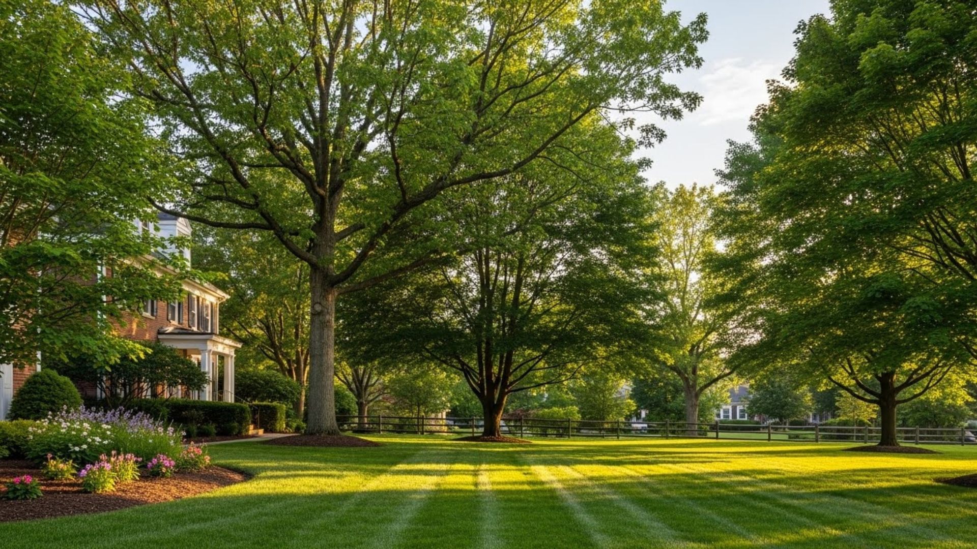 Sunlit park lawn with large green trees and a house at the left edge