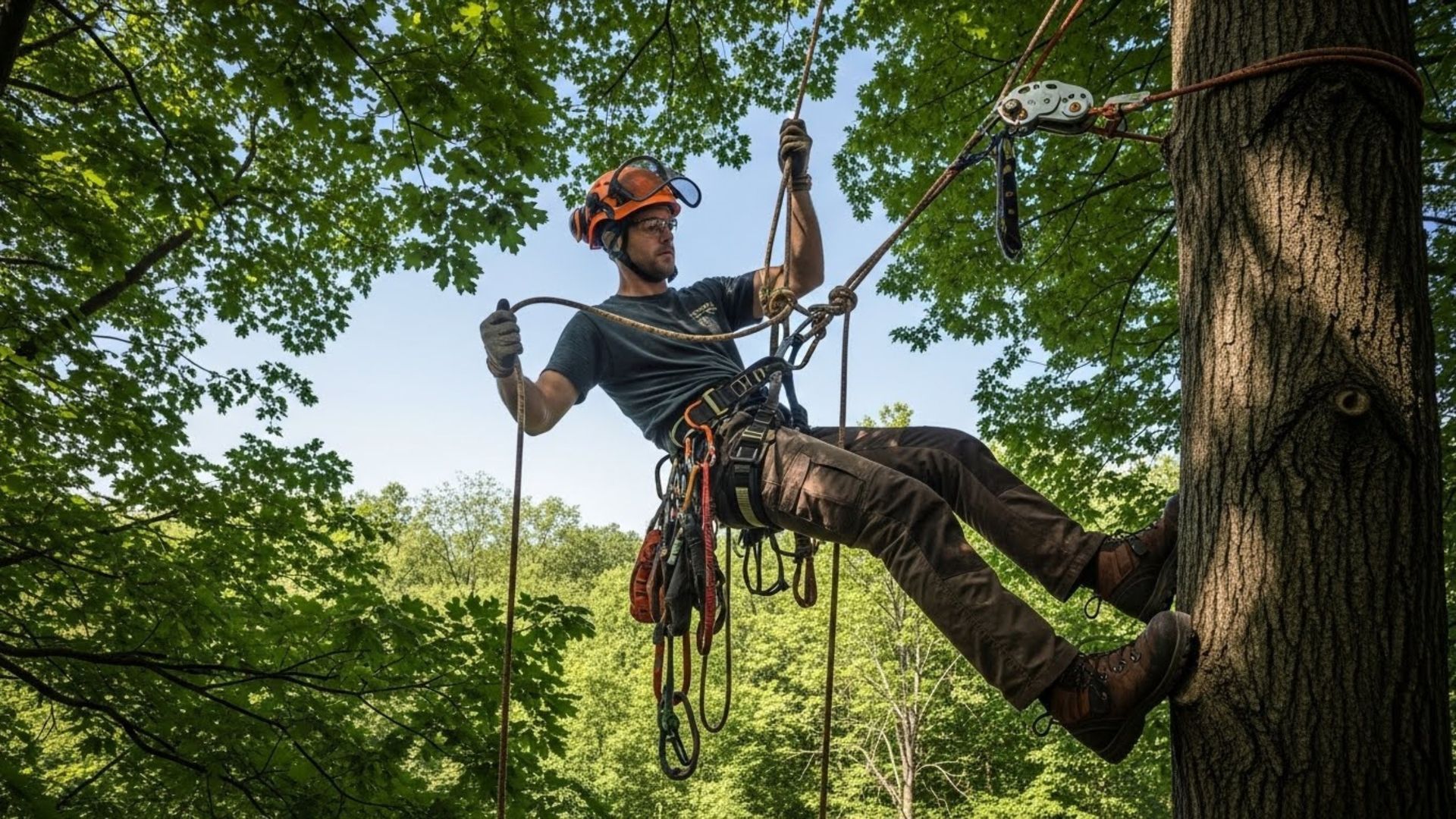 Arborist in climbing gear rappels beside a tree trunk in a leafy forest.