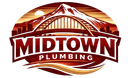 Midtown Plumbing logo with a mountain and bridge in red, brown, and white