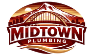 Midtown Plumbing logo with a mountain and bridge in red, brown, and white