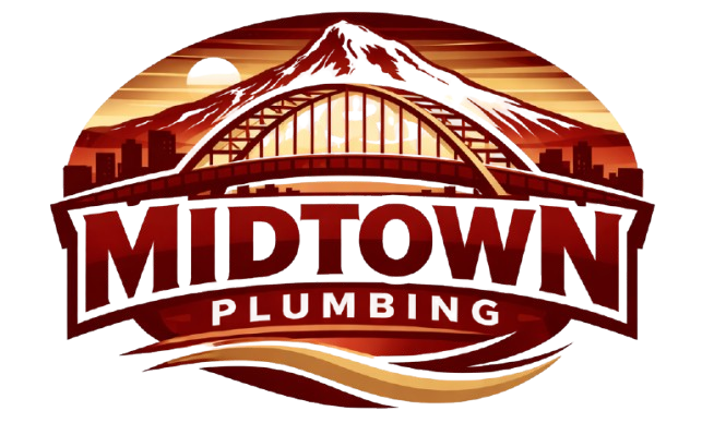 Midtown Plumbing logo with a mountain and bridge in red, brown, and white