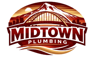 Midtown Plumbing logo with a mountain and bridge in red, brown, and white