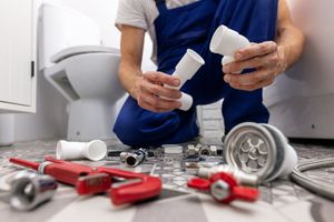 Plumber in blue overalls holding pipe fittings beside tools and toilet in a bathroom repair scene