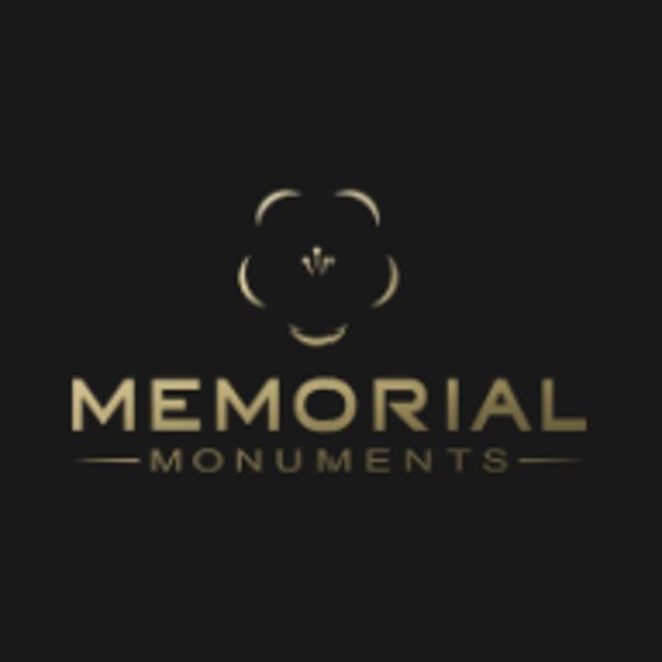 A logo for memorial monuments with a flower in the center