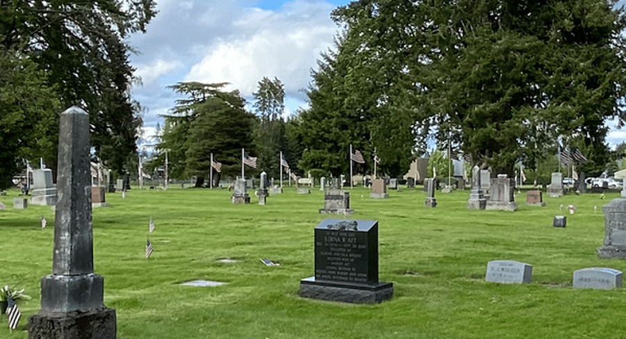 A cemetery with a lot of graves and trees in the background