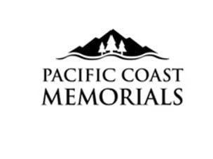 The logo for pacific coast memorials has a mountain and trees on it.