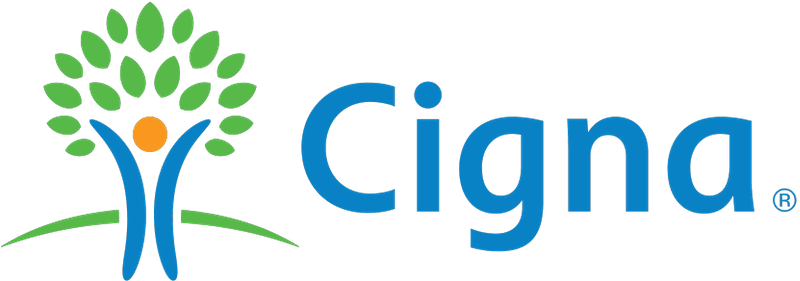 A cigna logo with a tree and a person in the middle.