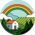 A house in the middle of a field with a rainbow in the background.