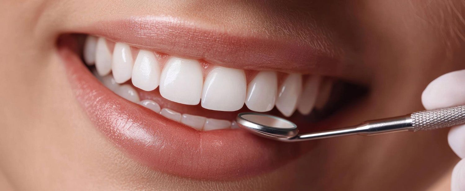 A woman is getting her teeth examined by a dentist.