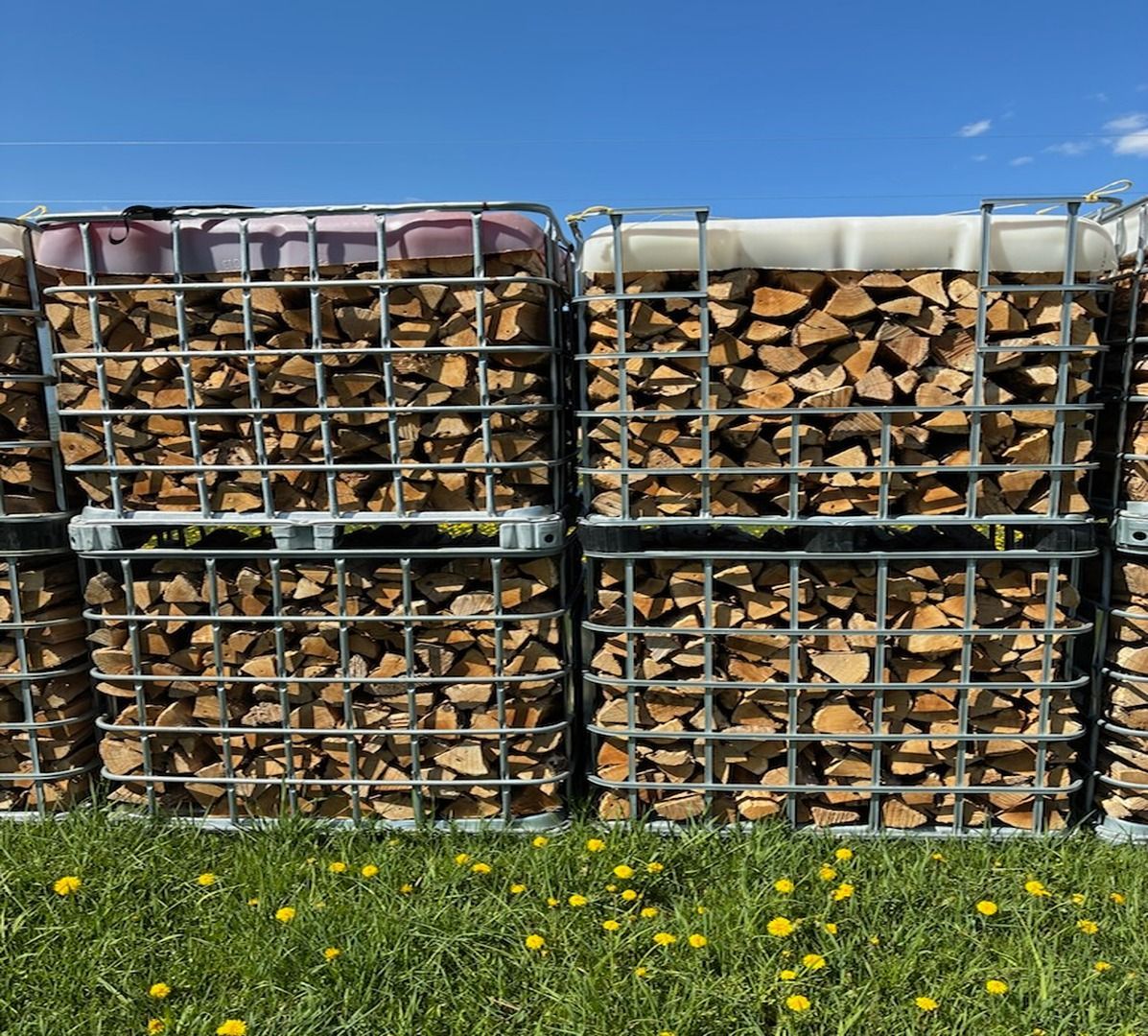 Stacks of firewood in metal cages on grass under a blue sky