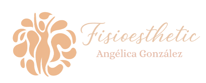 Logotipo de Fisioesthetic de Angélica González, con una silueta dentro de un diseño circular y texto cursivo en color melocotón.