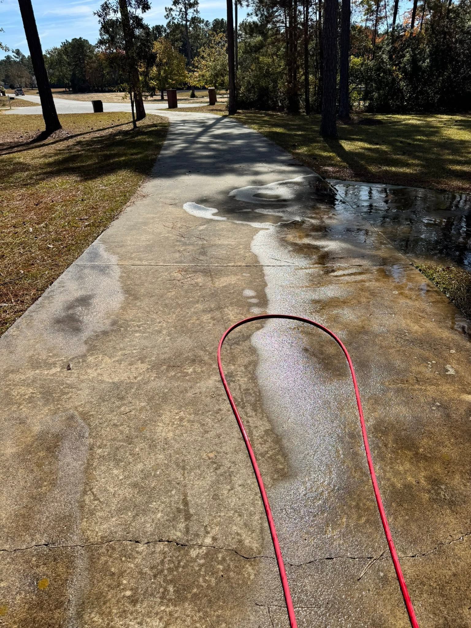 Cracked concrete sidewalk with a large puddle and a red outline highlighting a wet patch.