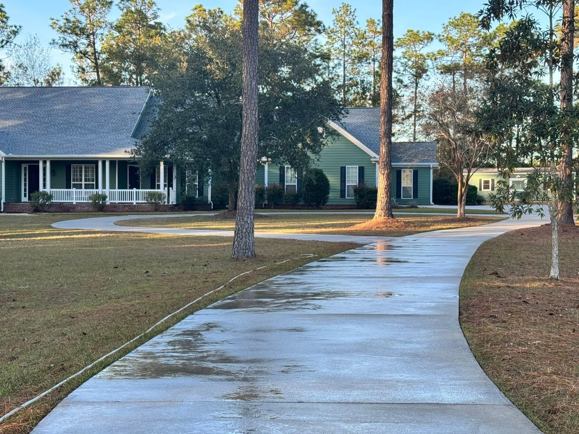 Curved wet driveway leading to a house with white columns and trees in front