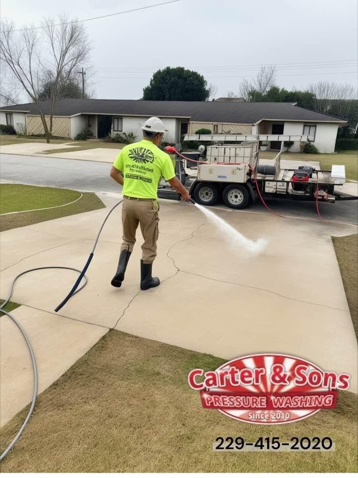Worker pressure-washes a driveway beside a service truck in a suburban neighborhood.