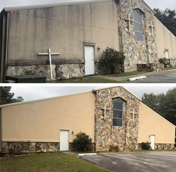 Before-and-after view of a church exterior, with the front wall repainted from dark stained to light beige.
