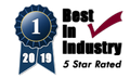 Blue 1st place ribbon badge with “2019,” “Best in Industry,” and “5 Star Rated” text