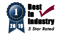 Blue 1st place ribbon badge with “2019,” “Best in Industry,” and “5 Star Rated” text