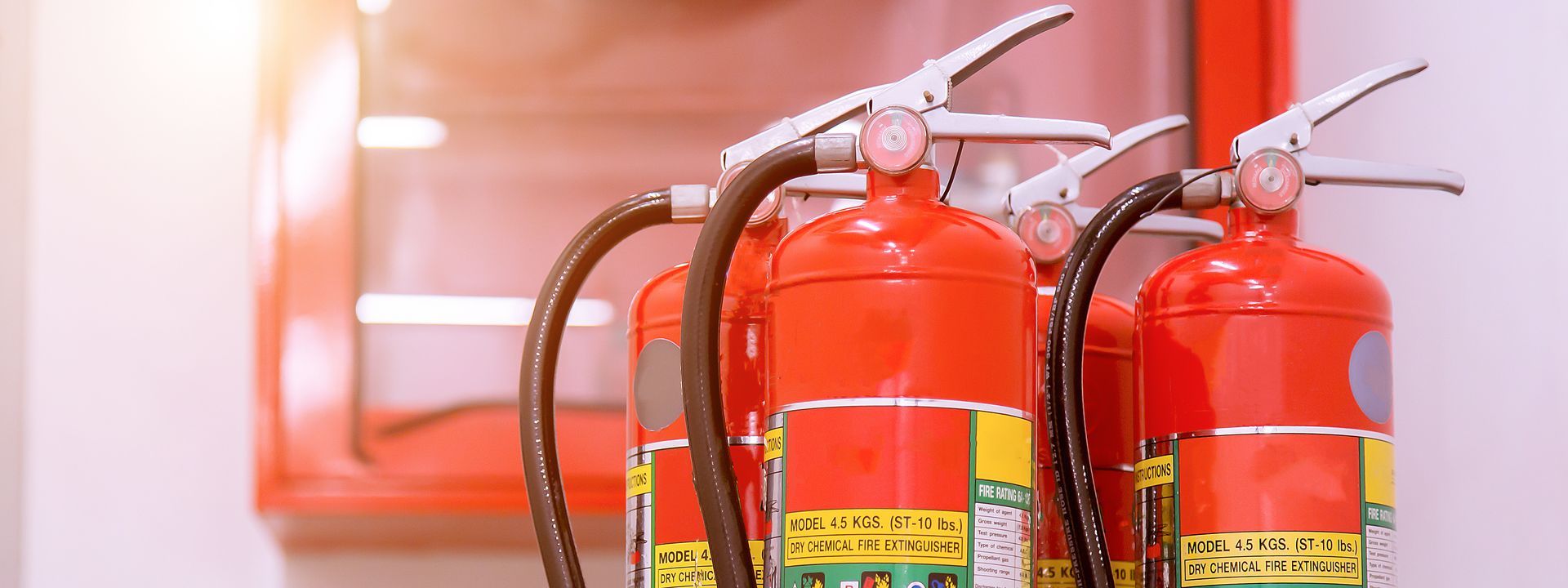 Row of red fire extinguishers mounted indoors, with hoses and pressure gauges visible. Row of red fire extinguishers mounted indoors, with hoses and pressure gauges visible.