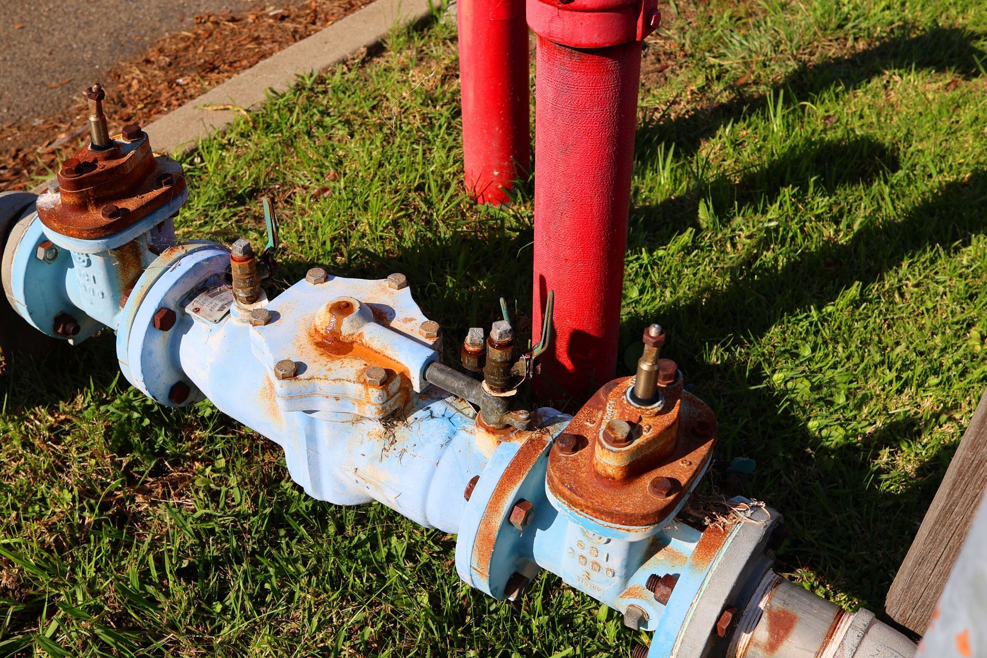 Close-up view of backflow preventers. Close-up view of backflow preventers.
