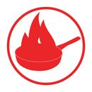 A frying pan with a fire coming out of it in a red circle.