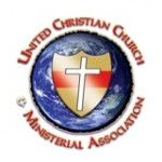 The logo for the united christian church and ministerial association is a shield with a cross on it.