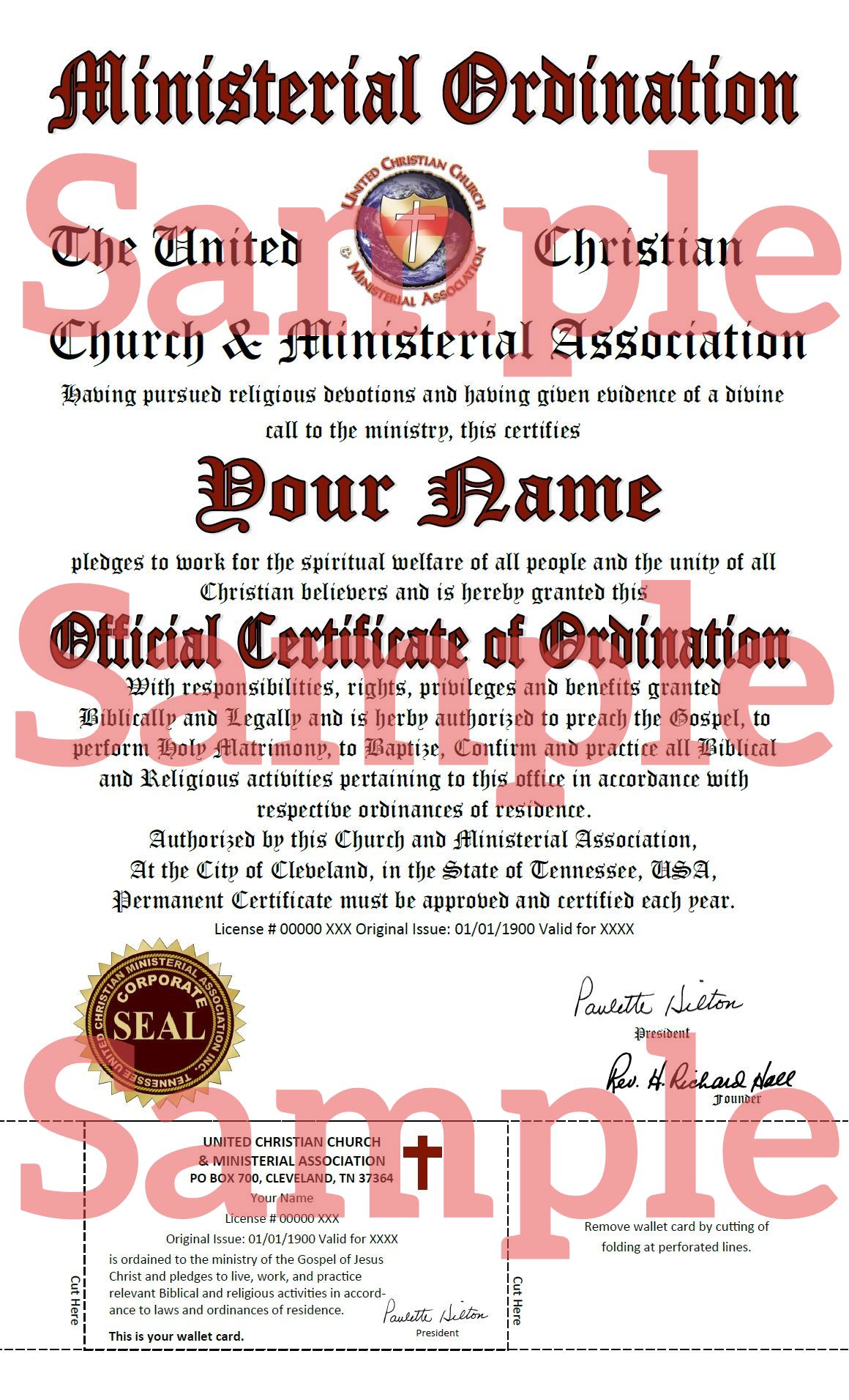 A sample of a ministerial ordination certificate of ordination