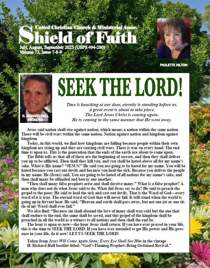 A shield of faith magazine with a picture of a woman and flowers on the cover.