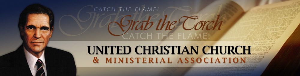 A man in a suit and tie stands in front of a united christian church and ministerial association banner