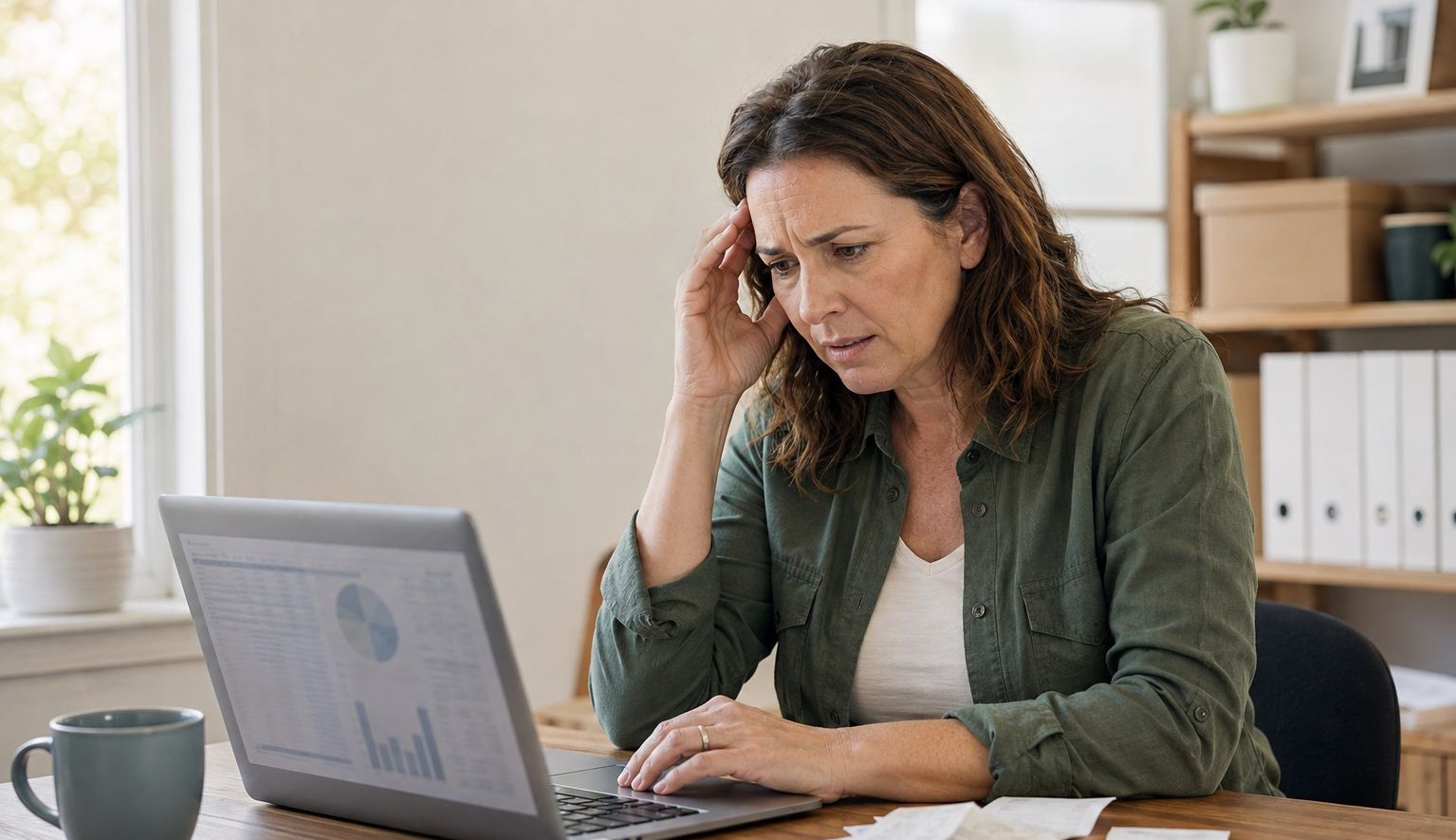 Person using a calculator and writing in a notebook at a desk with a laptop nearby.