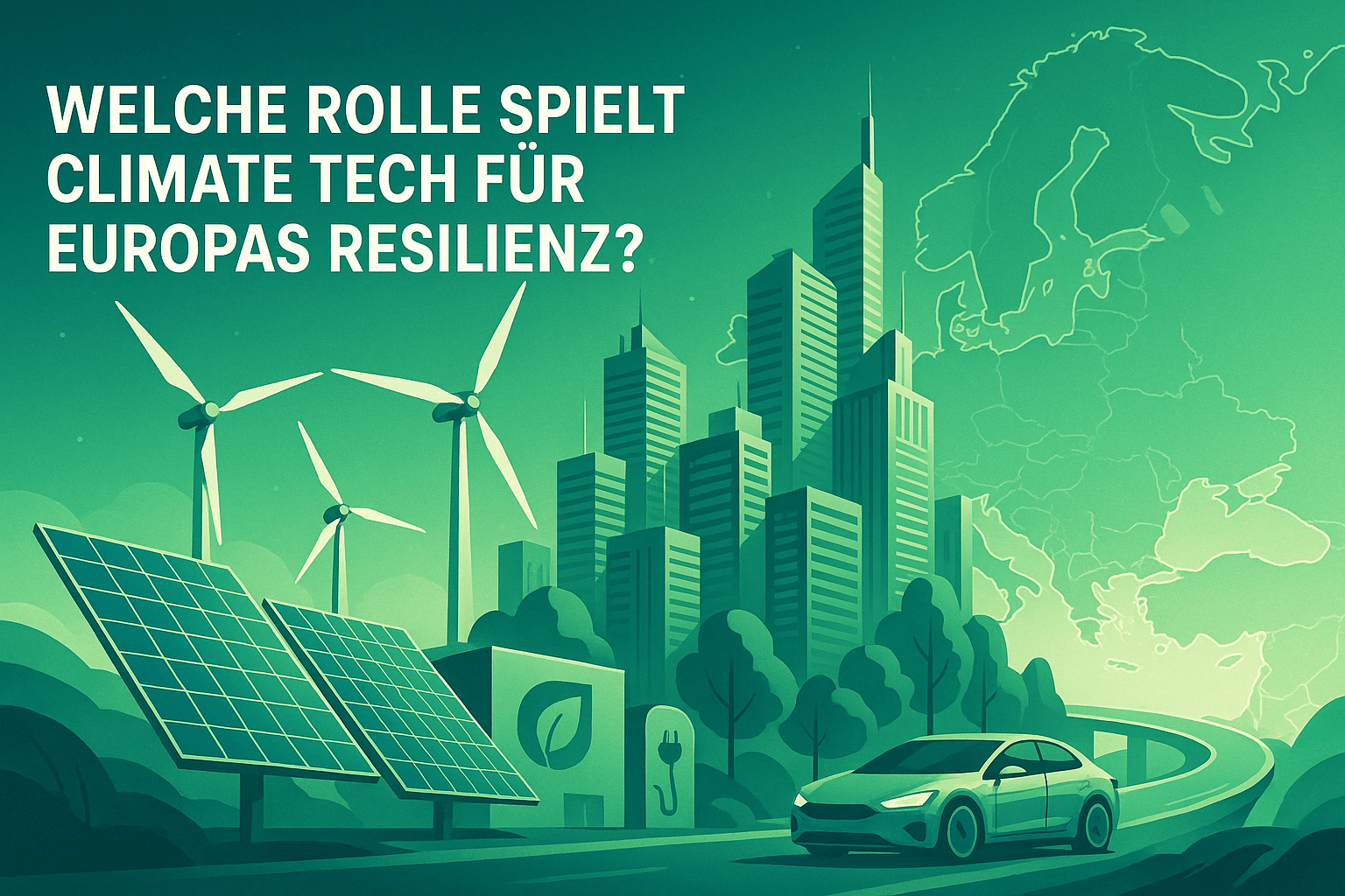 Grüne Illustration einer Stadt mit Solarmodulen, Windturbinen und einem Elektroauto; der Text fragt: „Welche Rolle spielt Klimatechnologie für die Widerstandsfähigkeit Europas?“