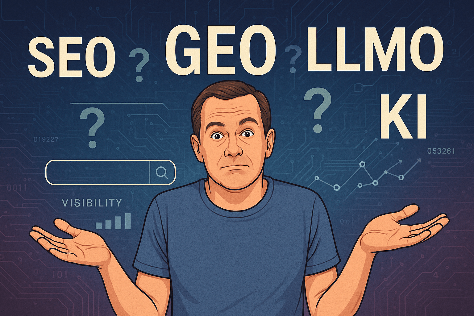 Unsicherer Mann mit erhobenen Händen, umgeben von SEO-, GEO-, LLMO- und KI-Fragezeichen und Suchleistengrafiken.