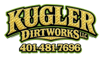 Kugler Dirtworks LLC logo in gold, black, and green with phone number 401-481-7696