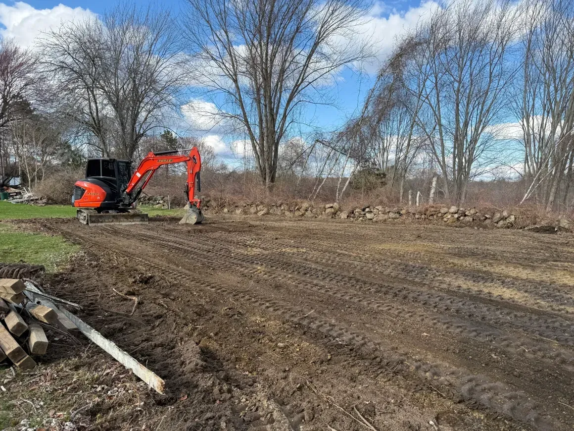 Orange excavator clearing a muddy field with leafless trees under a cloudy sky