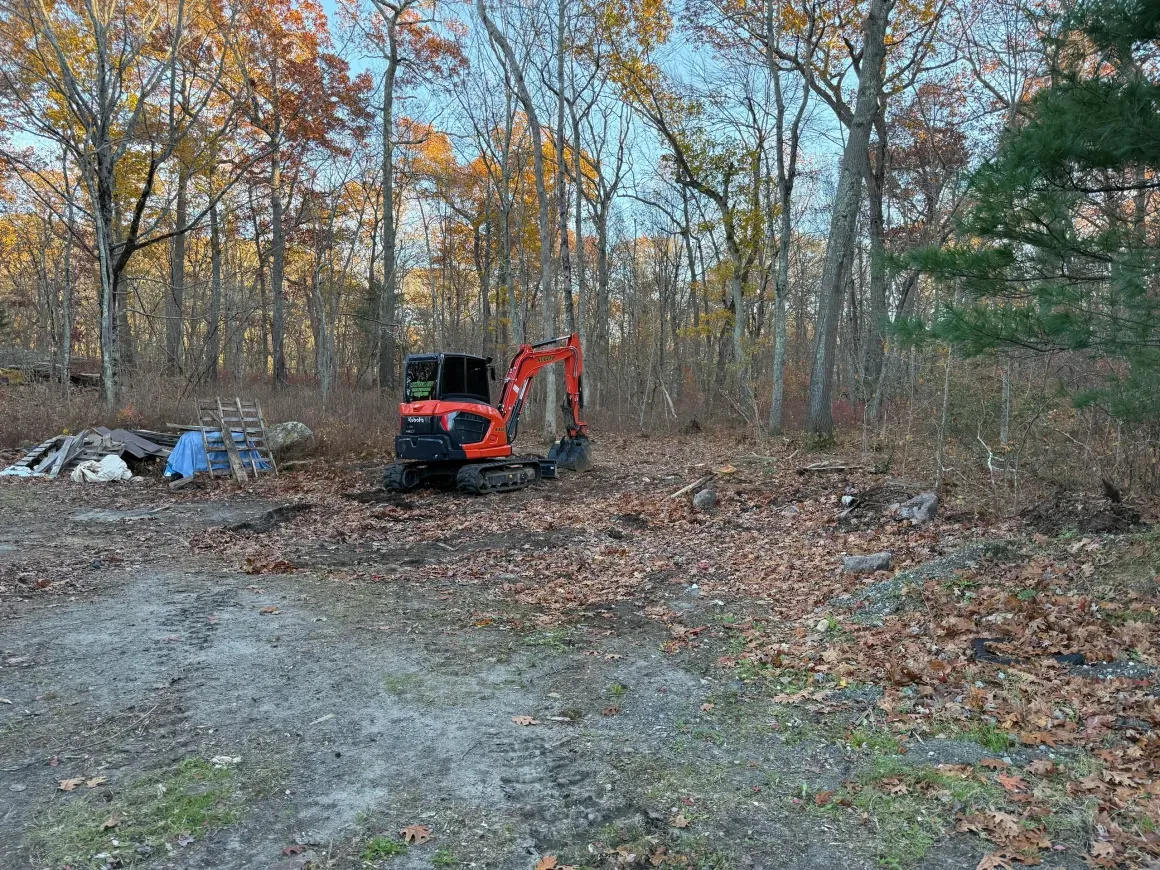 Small red excavator clearing leaves in a wooded area beside a dirt clearing.