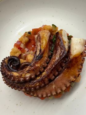 Tentacoli di polpo grigliati su un'insalata di pomodori e patate in un piatto bianco