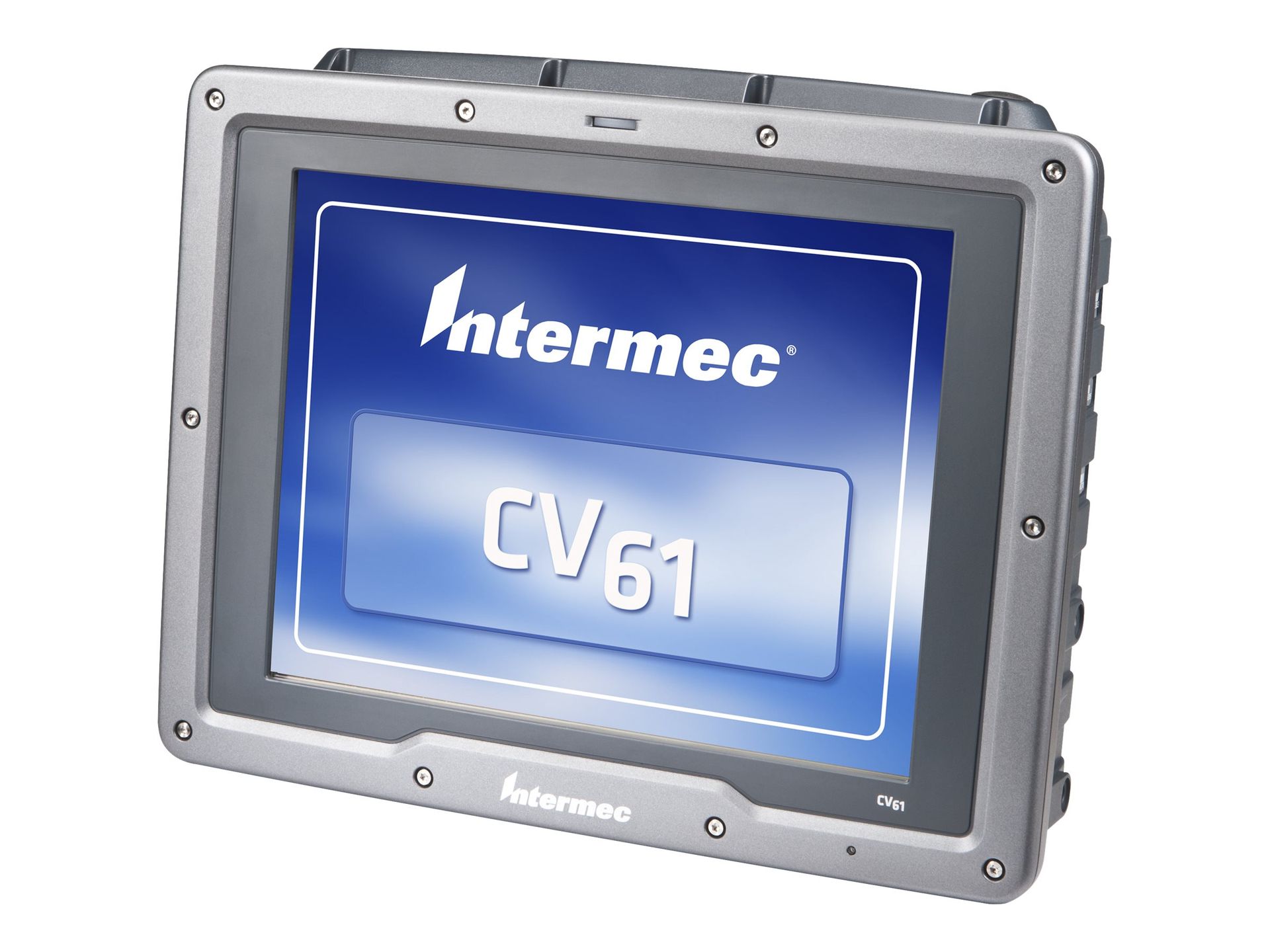 Intermec CV61 rugged touchscreen computer with blue display in a gray metal frame