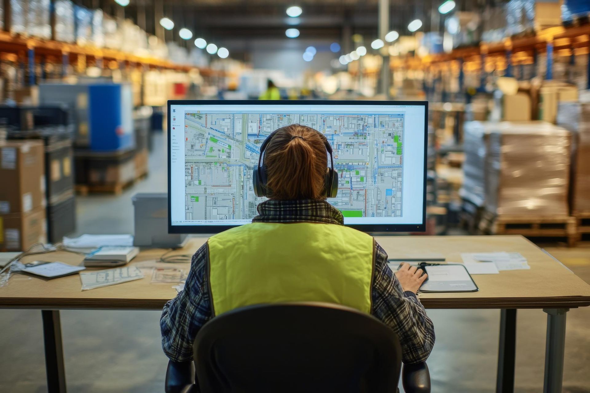 Person in a warehouse office facing a large monitor with a floor plan, surrounded by shelves and boxes