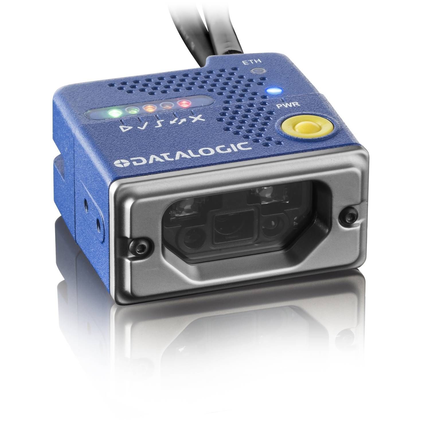 Blue Datalogic barcode scanner with front lens and yellow button, angled on a white background