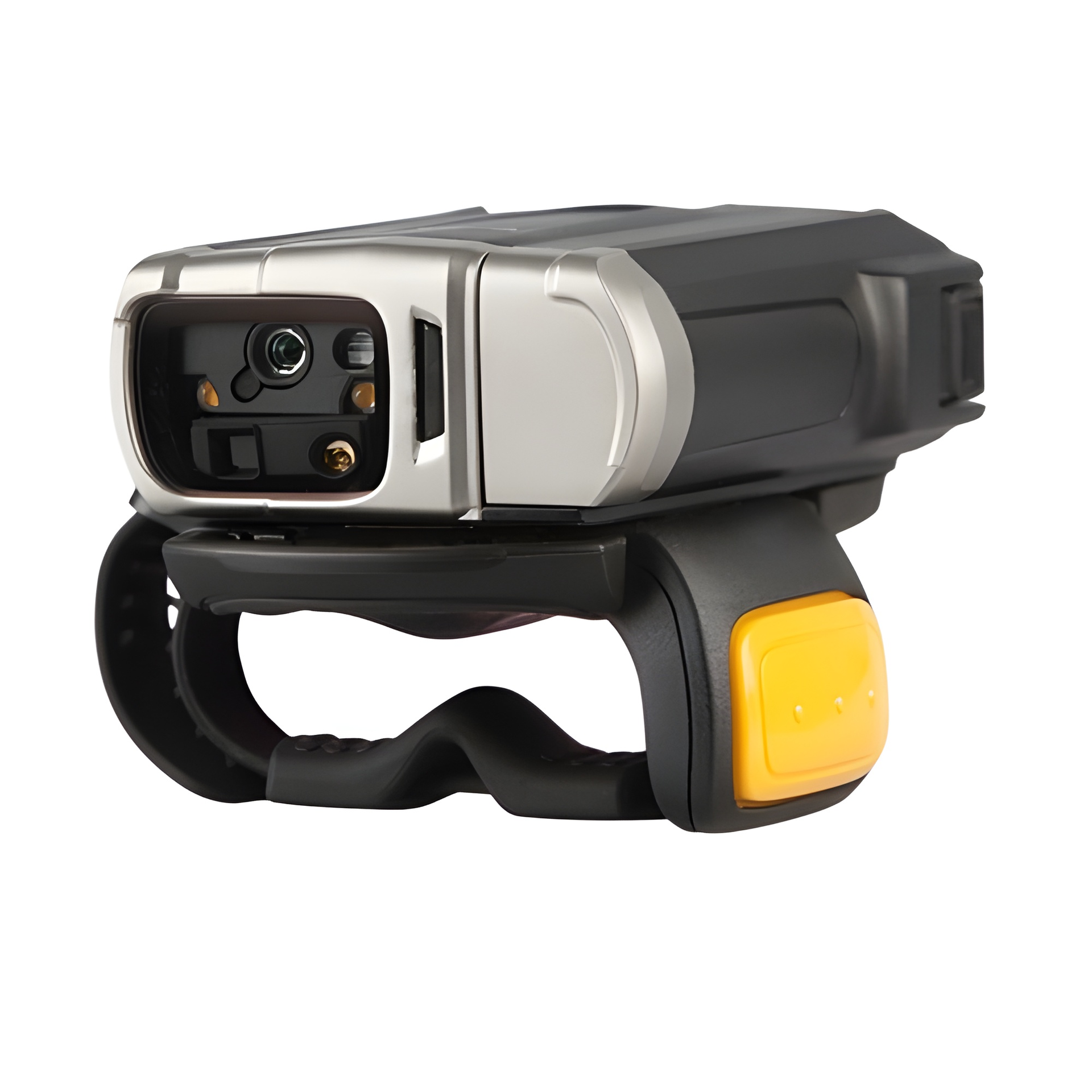Black and silver handheld wearable camera mounted on a strap with a yellow button