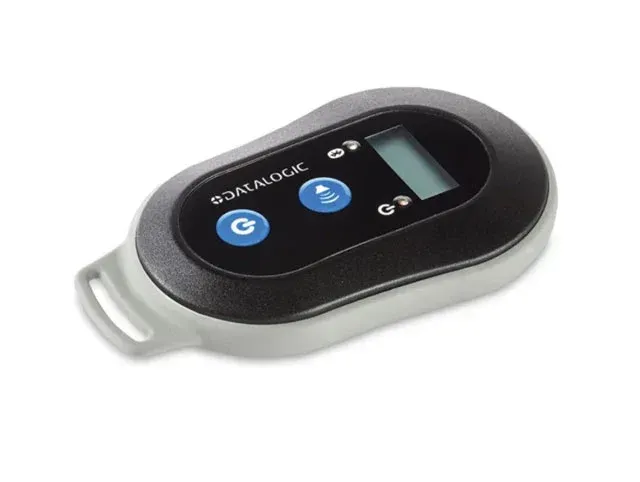 Black and silver portable electronic key fob with two blue buttons on a white background