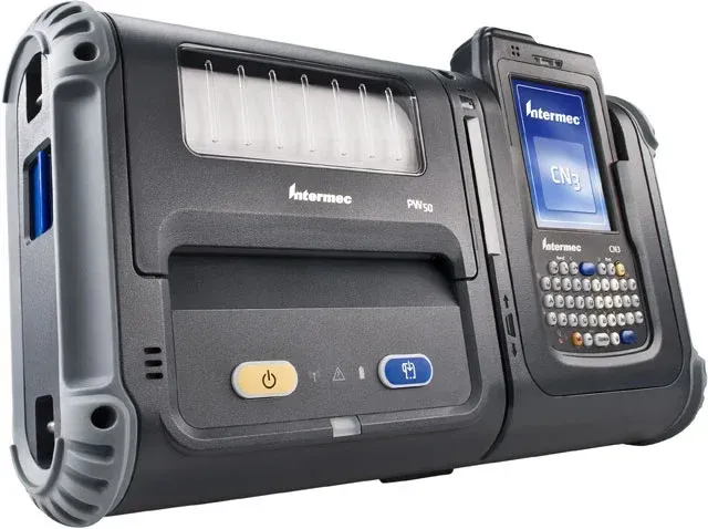 Black portable electronic device with a blue screen and keypad, shown in a rugged case